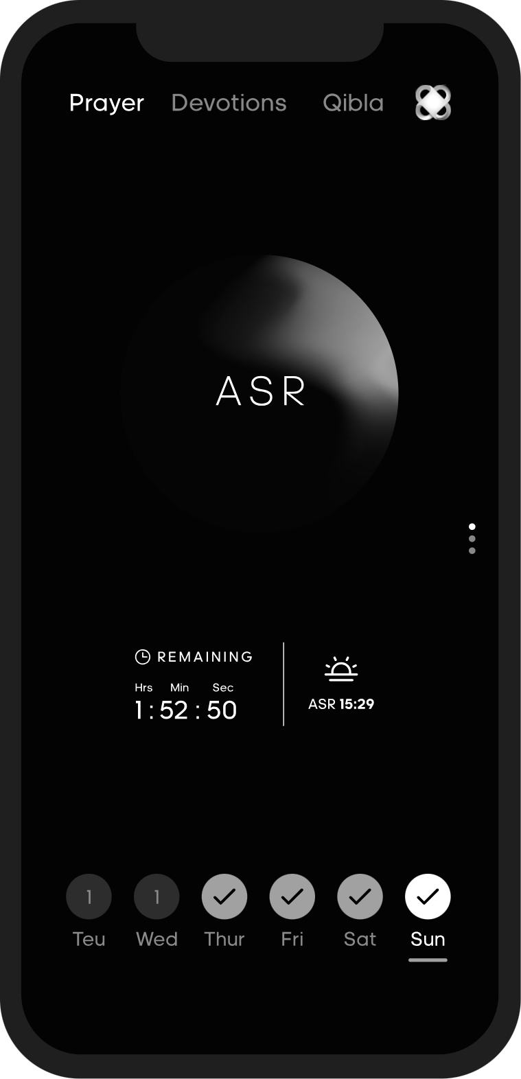 The Call app, prayer screen showing the ASR prayer timer and weekly tracker.